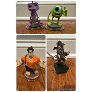 Disney Infinity figures Jack Sparrow, Monsters Inc, and Wreck it Ralph